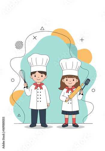 Cute child chefs ready to cook with kitchen tools and playful abstract background