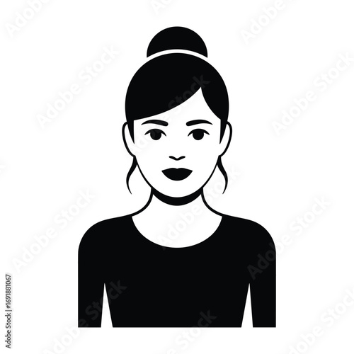 Black and white graphic silhouette of a young woman with hair in a bun and wearing a long-sleeved shirt