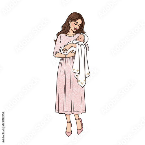 Illustration of Mother Holding Newborn Baby