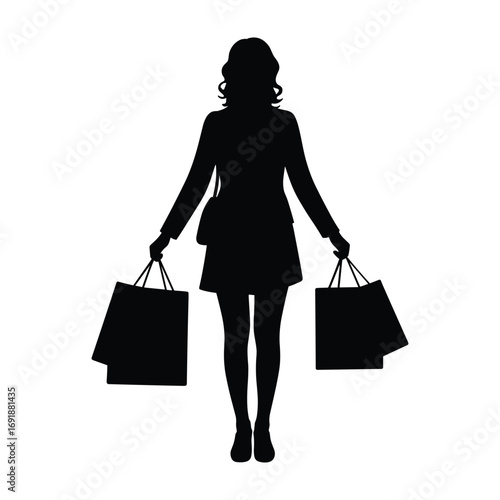 Black silhouette of a woman holding shopping bags and wearing a shoulder bag vector