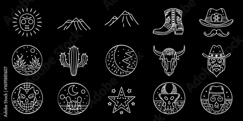 Collection of western and southwestern themed line art icons on a black background