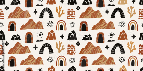 Bohemian desert landscape pattern with mountains arches caves rainbows and suns