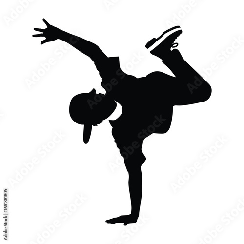 Black silhouette of a male street dancer performing a breakdance move on a white background hip hop