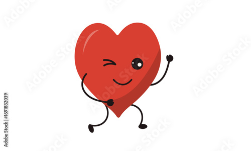 A cartoon heart with a winking face and arms and legs is dancing on a white background.