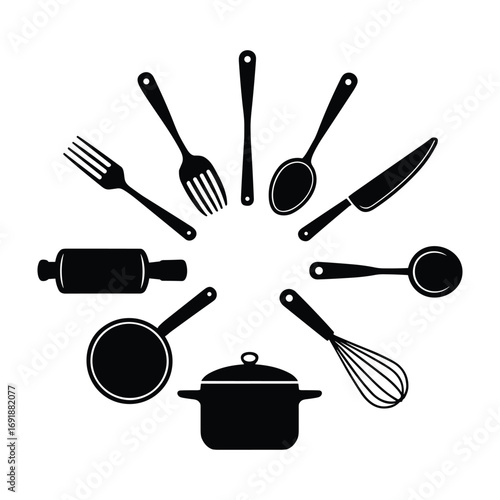 Black kitchen utensil icons arranged in a circle on a white background kitchenware cooking