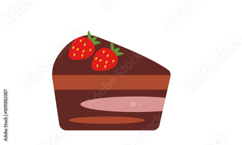 A delicious slice of chocolate cake topped with two fresh strawberries, presented on a white background.