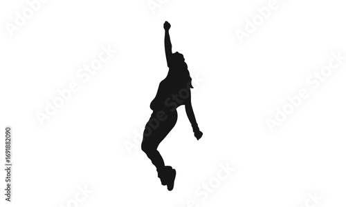 Dynamic silhouette of a person with one arm raised in a celebratory or triumphant pose against a clean white background.