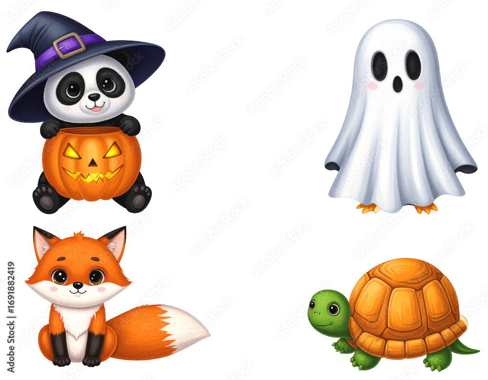 Fototapeta premium Cute 3D cartoon Halloween illustration set with a witch panda, ghost, fox, and turtle.