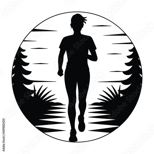 Black silhouette of a person jogging within a circular frame with stylized trees and foliage running
