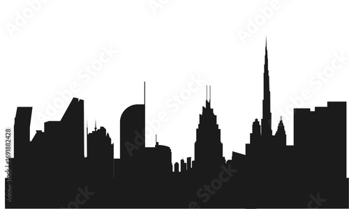Black and white skyline silhouette of Dubai's skyscrapers.