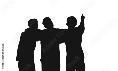 Silhouette of three people with arms around each other, one pointing up.