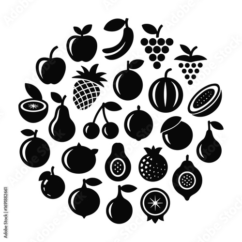 Black silhouette fruit icons arranged in a circle on white background vector