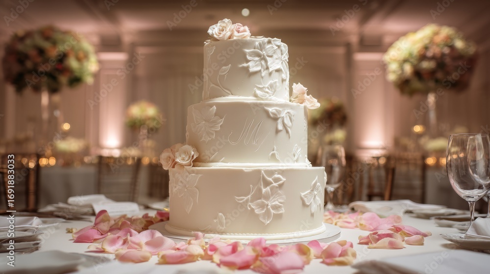 Fototapeta premium Timeless three-tiered wedding cake design, smooth fondant with floral patterns, scattered rose petals on table setting
