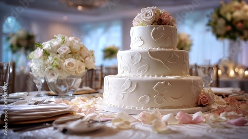 Wallpaper Mural Timeless three-tiered wedding cake design, smooth fondant with floral patterns, scattered rose petals on table setting Torontodigital.ca