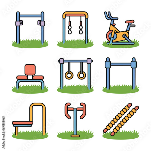 Nine colorful outdoor fitness equipment icons on green grass outdoor gym equipment exercise machine