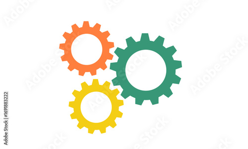 Three interconnected gears of different colors, orange, teal, and yellow, symbolizing teamwork, collaboration, or a complex system.