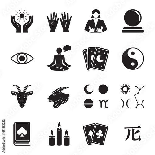 Collection of black and white icons representing astrology spirituality and fortune telling symbols