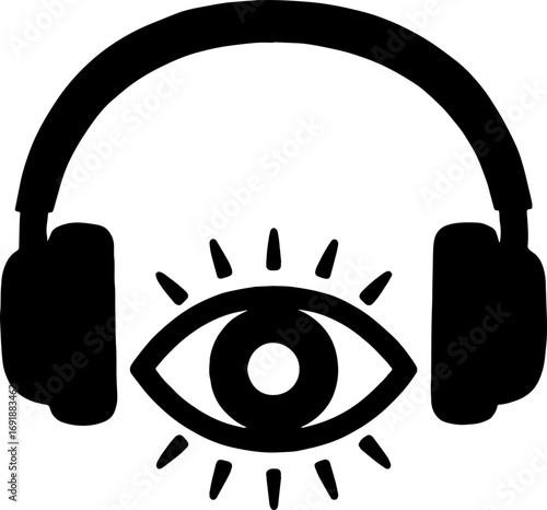 Headphones Silhouette Around Open Eye - Vision in Sound Concept With White Background 