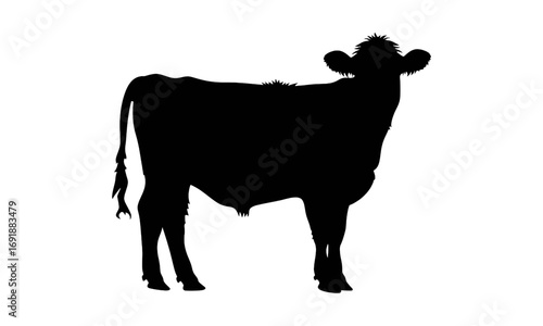 Black silhouette of a cow standing sideways on a white background, depicting a farm animal.