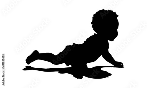A simple black silhouette of a baby learning to crawl, isolated on a white background. A concept of new beginnings, early development, and childhood milestones