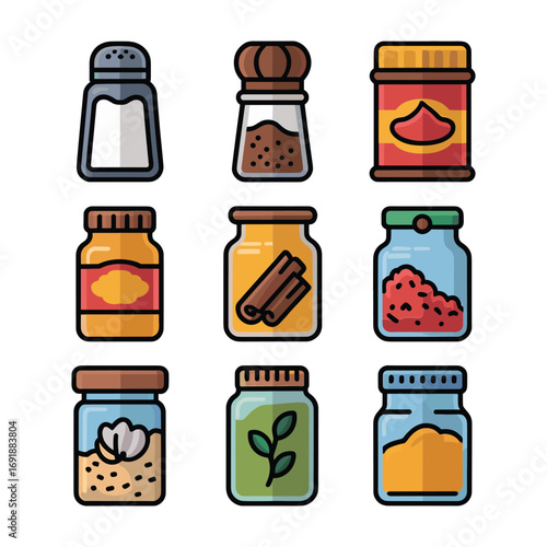 Nine colorful spice and condiment jars with various contents and lids spice jar salt shaker