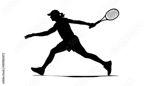 Silhouette of a tennis player in action, swinging a racket during a match.