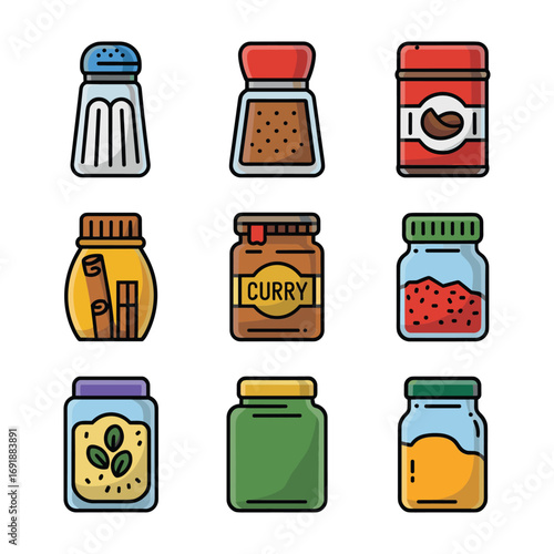 Nine colorful spice and condiment container icons spice container condiment jar
