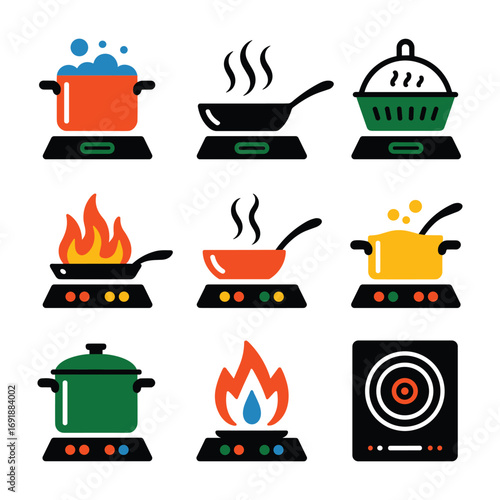 Nine colorful cooking icons showing pots pans and stovetops kitchen food