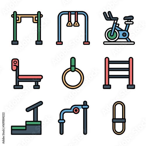 Nine colorful flat design outdoor fitness equipment icons outdoor gym equipment fitness icons