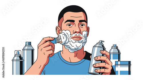 Close up illustration of a man with a beard covered in shaving cream preparing to shave with a razor in a brightly lit studio setting