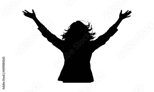 Silhouette of a woman with her arms raised in celebration or praise against a white background.
