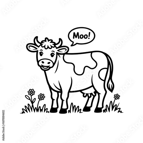 Cartoon cow happily standing in a field and saying moo with flowers around during a sunny day