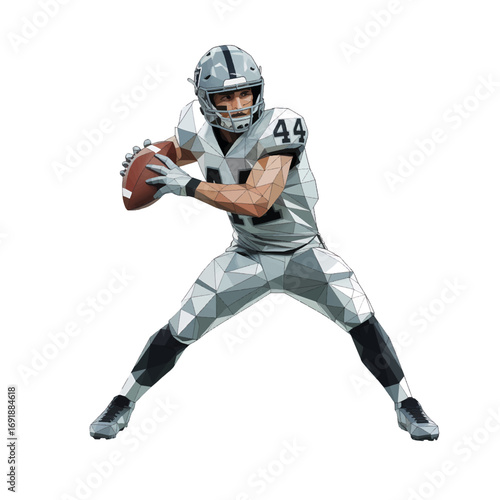 Polygonal artwork of football player preparing to throw a pass in a dynamic pose during a game