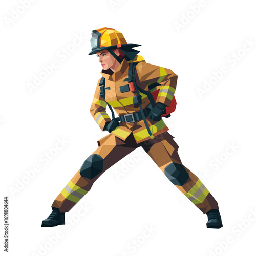 Female firefighter in action wears protective gear during a training exercise at a fire station