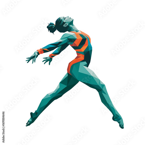 Gymnast performs a dynamic leap showcasing flexibility and strength during a competition in a well-lit arena