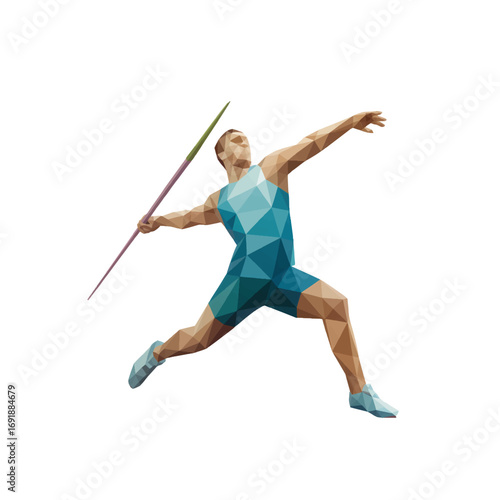 Javelin thrower performing a powerful throw during an athletic competition in a vibrant geometric style