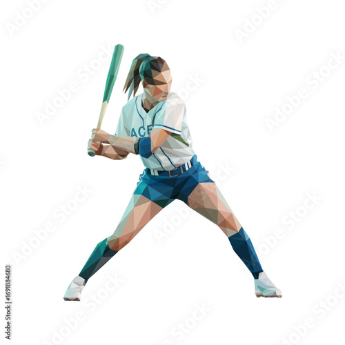 Female athlete prepares to hit a softball during a game in a colorful geometric art style