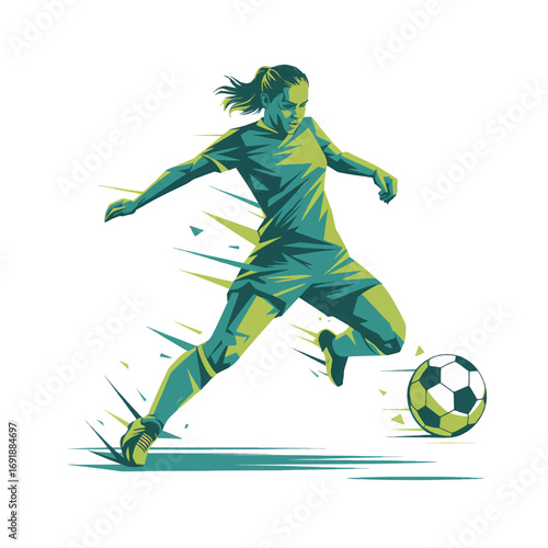 Dynamic female soccer player kicking ball in colorful geometric style artwork displayed in bright colors