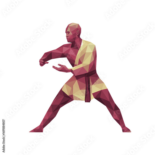 Martial artist Shaolin Monk practicing a dynamic pose in a vibrant geometric style