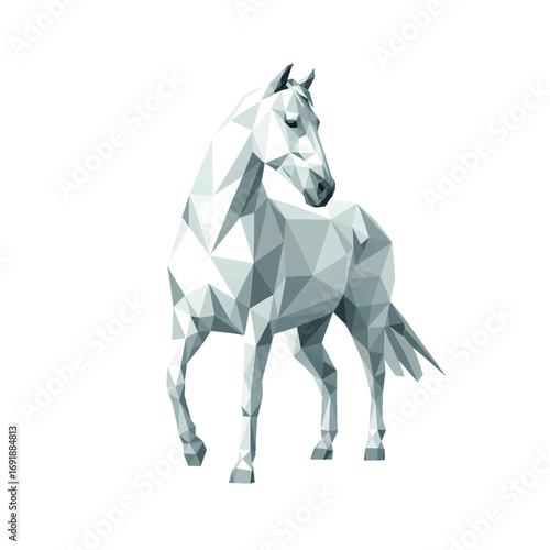 Stylized geometric white horse sculpture on a plain background showcasing artistic design