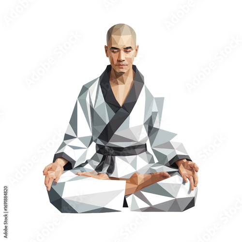 Martial artist Shaolin Monk practicing a dynamic pose in a vibrant geometric style