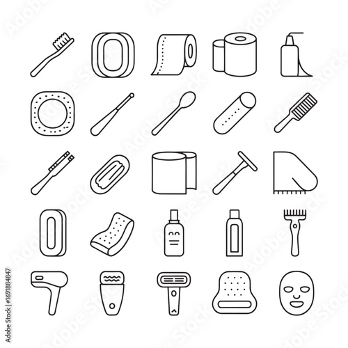 Collection of black line art icons for personal hygiene and grooming products toothbrush soap