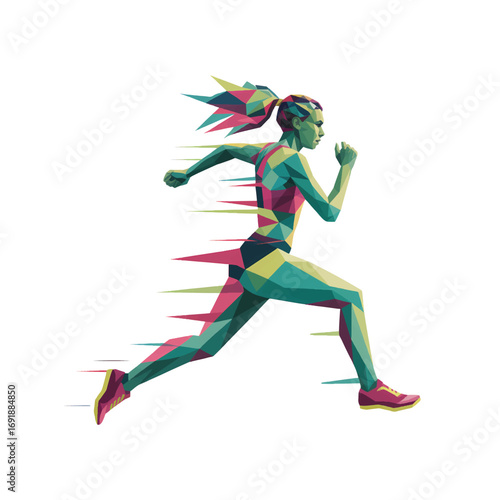 Running athlete in geometric design showcases movement and energy during a daytime workout session