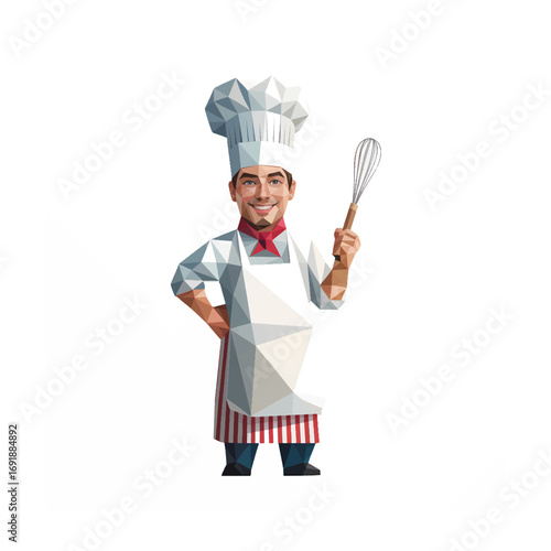 Chef in a modern kitchen wearing a white uniform and hat, holding a whisk, ready to prepare a delicious meal