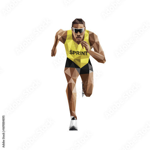 Running athlete in geometric design showcases movement and energy during a daytime workout session