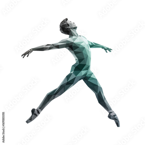 Ballet dancer performing an elegant leap in a colorful costume with a geometric design in a studio setting