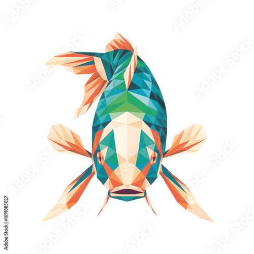 Colorful koi fish with geometric patterns swimming gracefully in a calm pond setting during a sunny day