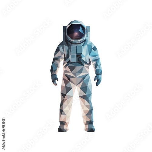 Colorful geometric astronaut design floating in space with a vibrant background of stars and planets