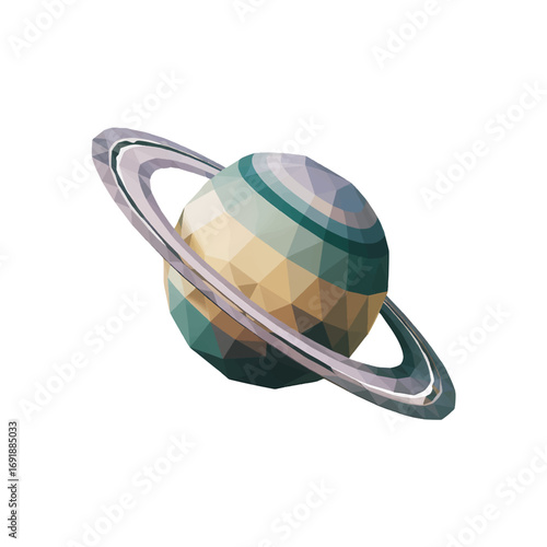 Geometric representation of the planet Saturn with intricate rings and a vibrant color palette in a digital style