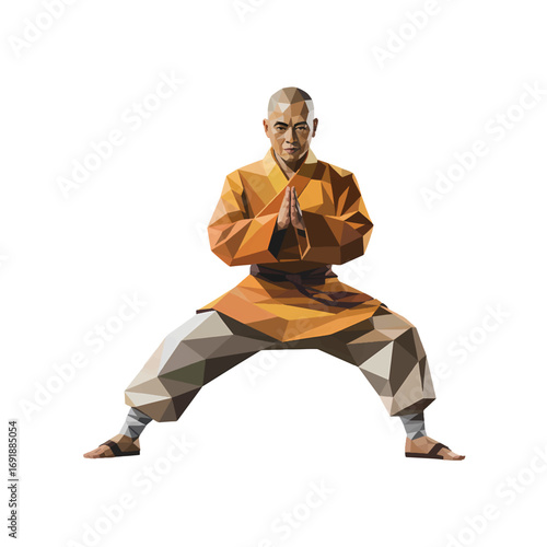 Martial artist Shaolin Monk practicing a dynamic pose in a vibrant geometric style